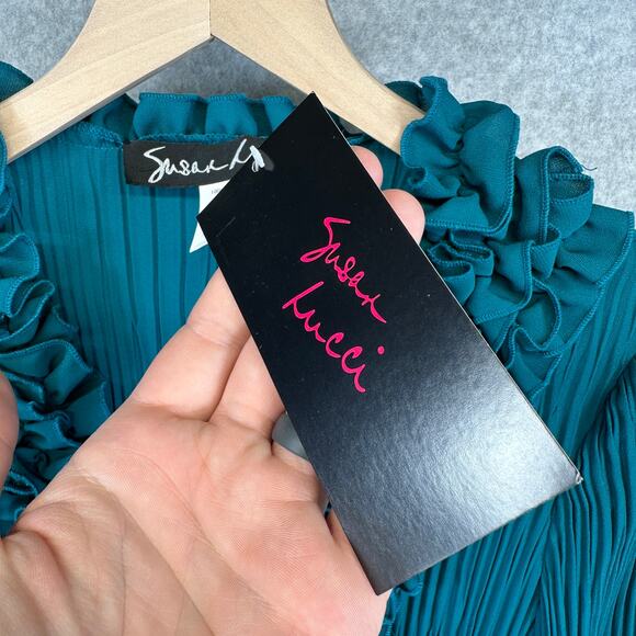 Susan Lucci Blouse Top Womens Medium Teal Green 100% Polyester Pleated Ruffled - Picture 5 of 15